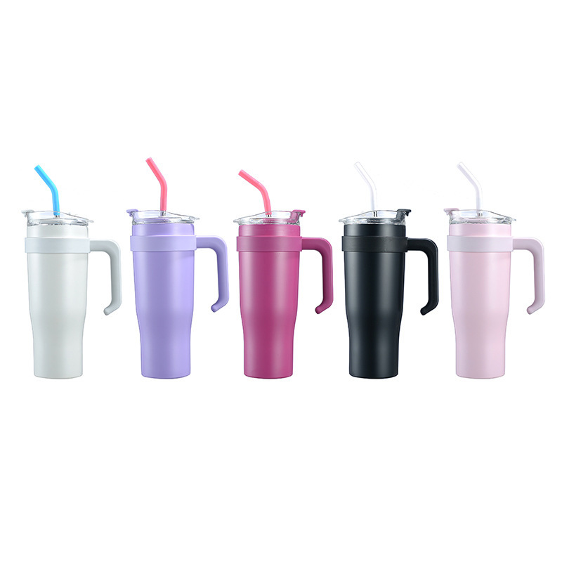 New 304 Double-Layer Vacuum Ice Cream Cup with Handle Stainless Steel Vacuum Cup with Straw Portable Car Cup