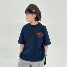 儿童短袖2024夏季新款美式复古印花短袖T恤男童宽松潮短袖打底衫