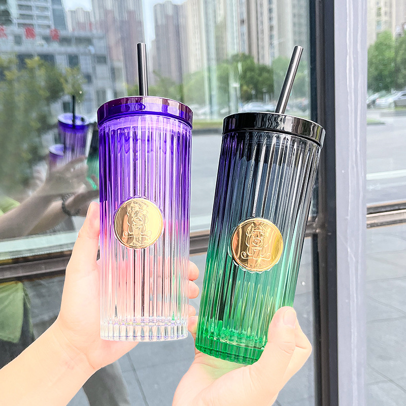 Ws Internet Celebrity Light Luxury Vertical Pattern Cup with Straw Large Capacity Summer Good-looking Cute Girl Cold Water Glass Cup