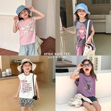艾摩贝贝儿童韩版宽松无袖T恤2024夏装儿童洋气卡通印花背心上衣