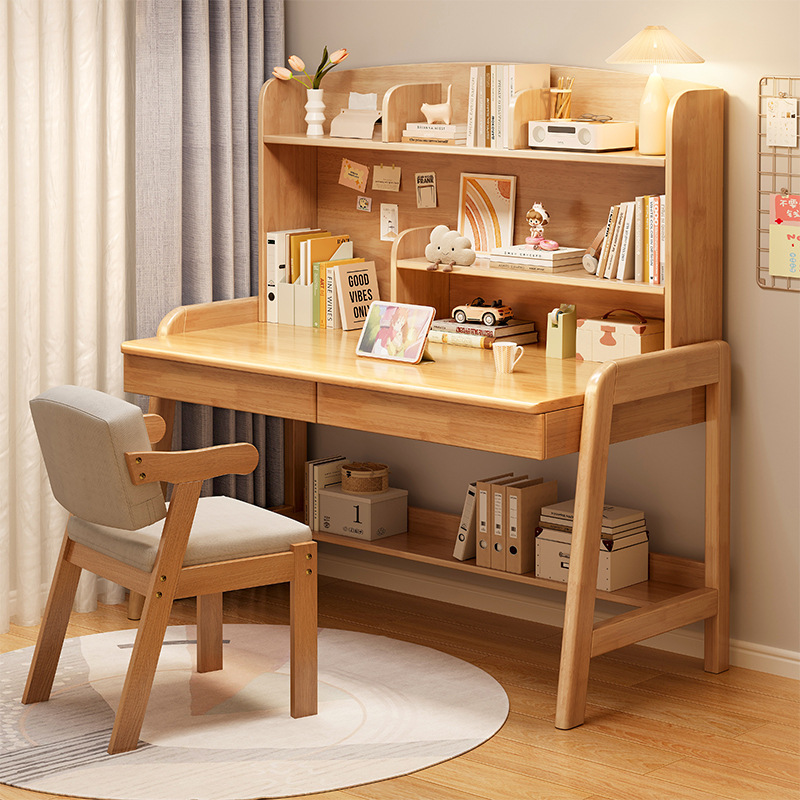 Solid Wood Desk Bookshelf Integrated Desk Desktop Computer Desk Primary and Secondary School Students Home Bedroom Learning Writing Table and Chair Combination