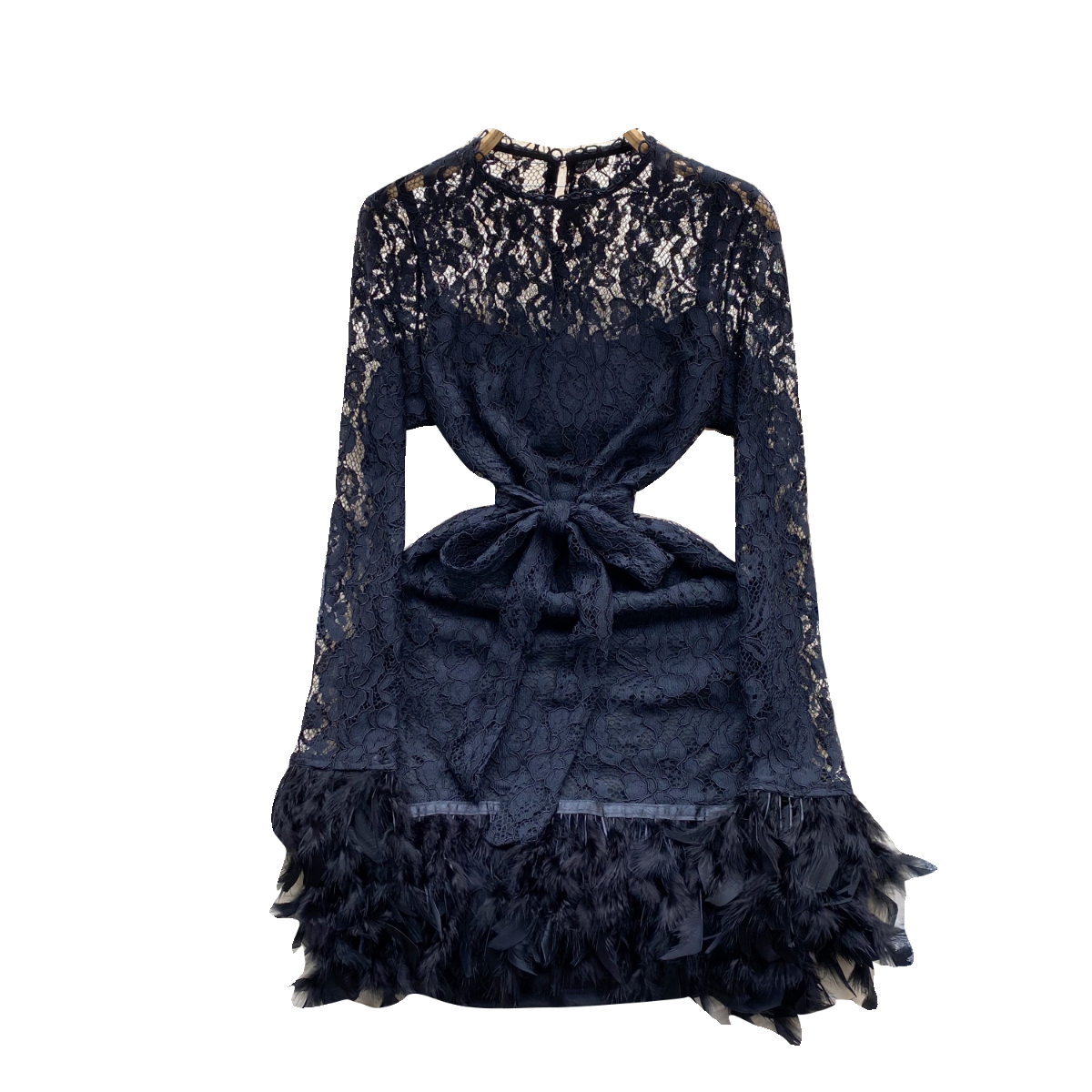 小洋装名媛礼服轻奢感透视蕾丝长袖羽毛短款包臀连衣裙女-阿里巴巴