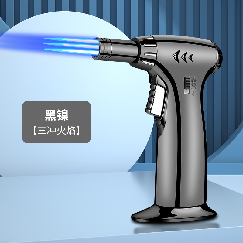 New Direct Punch Three Fire Blue Flame Lighter Spray Gun Windproof Cigar Barbecue Outdoor Kitchen Portable Spray Gun Cross-Border