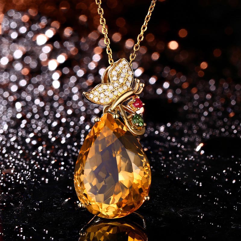 直播新款重工设计微镶满钻蝴蝶吊坠 仿天然黄水晶托帕石彩宝项链