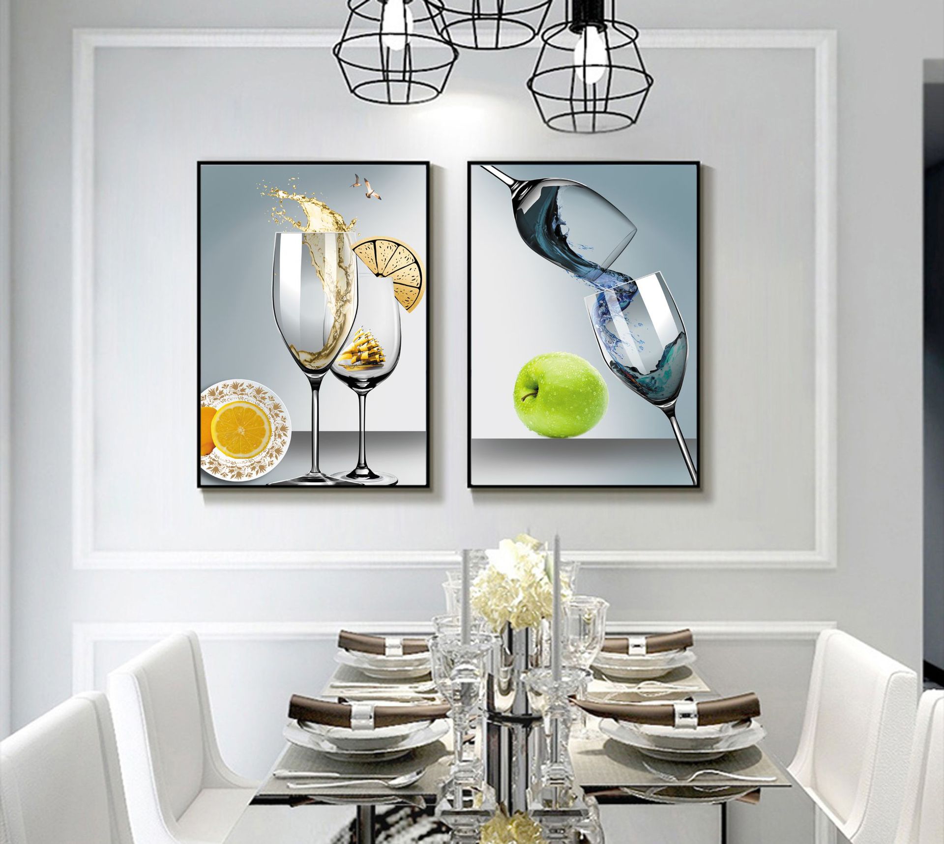 现代简约轻奢大气餐厅背景墙装饰画餐厅饭桌竖款挂画酒杯晶瓷画