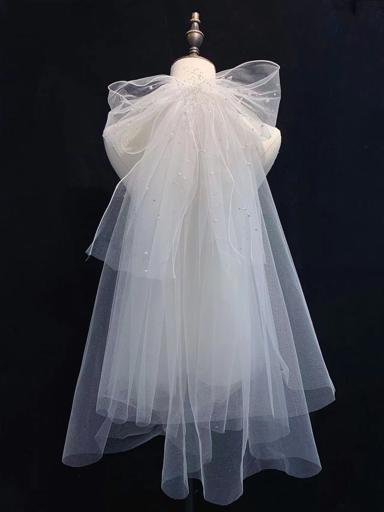 批发新娘头纱简约粘珠双层手编蝴蝶结头纱旅拍结婚卷边造型小头纱