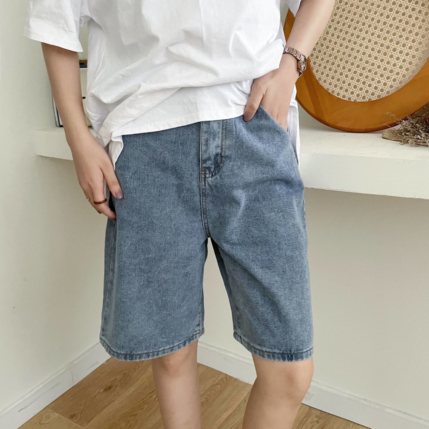 学生夏季牛仔五分裤女夏短裤休闲牛仔潮流百搭宽松大码mm阔腿高腰