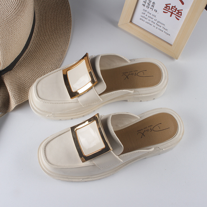 Toe Cap Semi Slipper Summer Outdoor Women's Sandals New Solid Color Square Buckle Women's Fashion Shoes Flat Casual Half Slippers