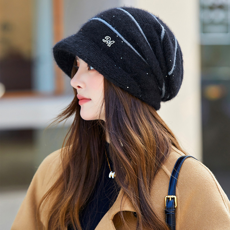 帽子女秋冬新款兔毛亮线堆堆帽韩版保暖毛线帽百搭针织骑行套头帽