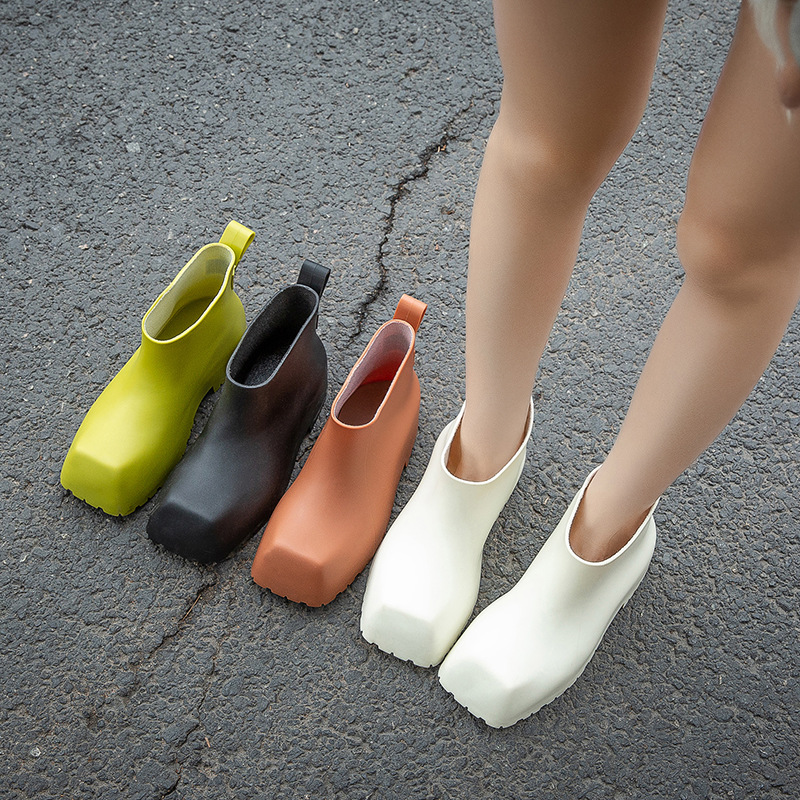 2023 New Korean Style Square Toe Fashion Casual Women's Short Tube Rain Boots Fleece-Lined Warm Slugged Bottom Wear-Resistant Comfortable Rain Boots