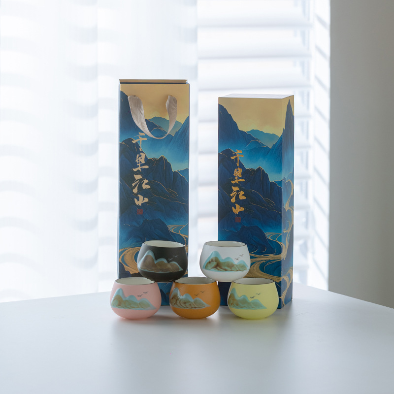 轻奢高档千里江山茶杯套装新中式手绘陶瓷主人杯定制品茗杯礼盒装