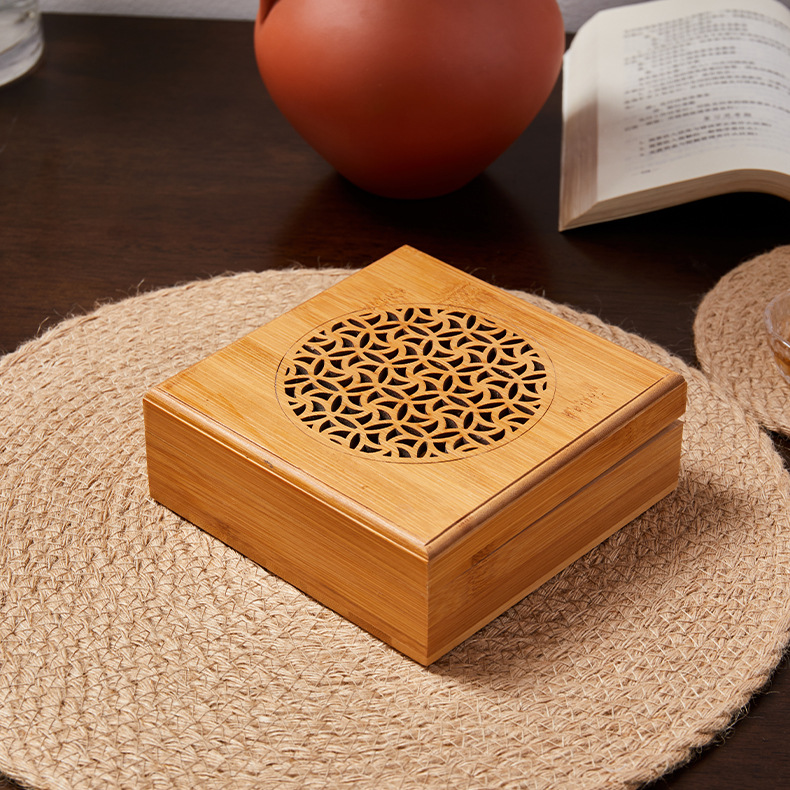 竹木复古单层镂空熏香办公室沉香盒家用方形清新空气客厅茶道用具