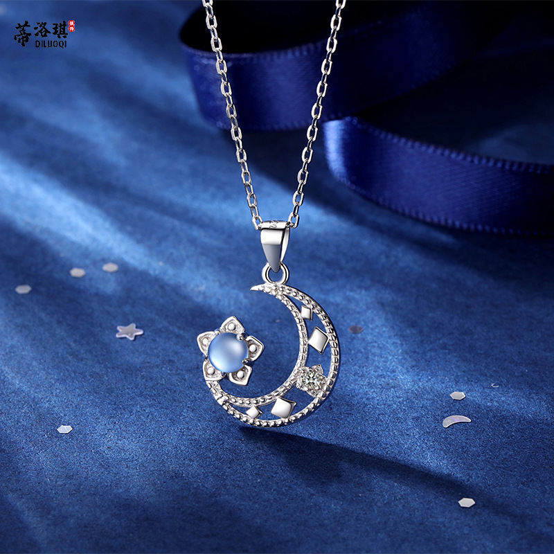 s925纯银月光石星月项链女 欧美简约星星月亮吊坠锁骨链 厂家直销