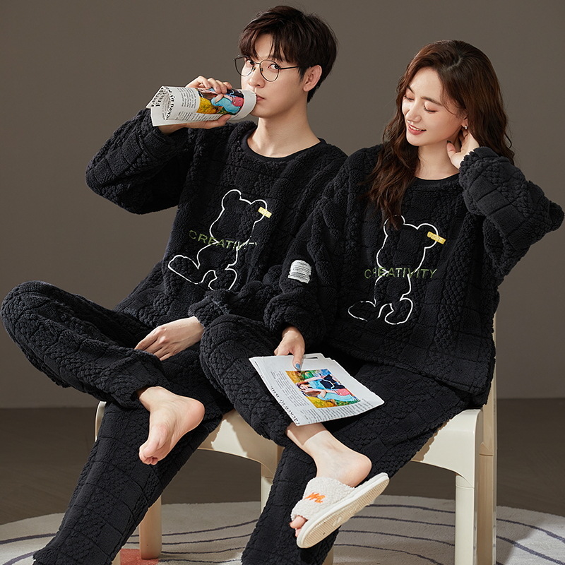 New Long-Sleeved Couple Flannel Pajamas Women Can Wear outside Thermal Coral Fleece Homewear Thickened Men's Suit Winter