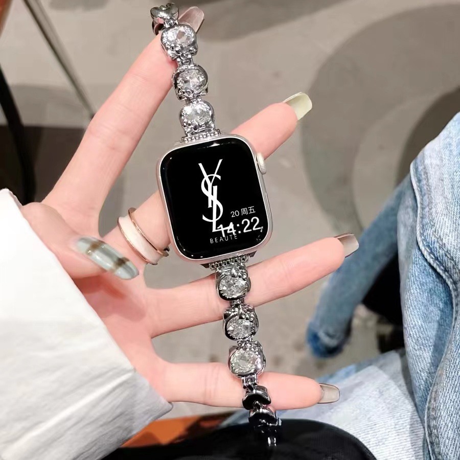 适用于applewatch8表带iwatch9苹果手表金属se76镶钻可爱kt猫锆石