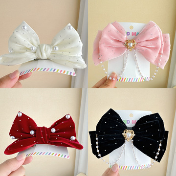 在逃公主发夹酒红珍珠立体蝴蝶结发卡儿童顶夹发饰公主头礼服头饰