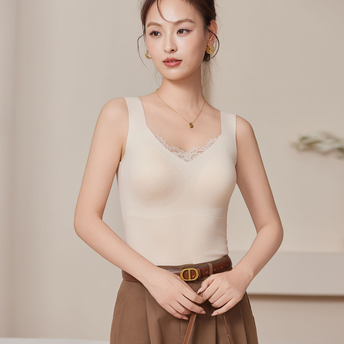 唐格 真丝拉绒羊绒一体固定杯保暖背心 桑蚕丝免穿文胸无痕吊带