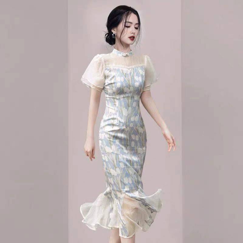 改良旗袍长款连衣裙女夏开叉性感复古国风高端法式雪纺碎花鱼尾裙