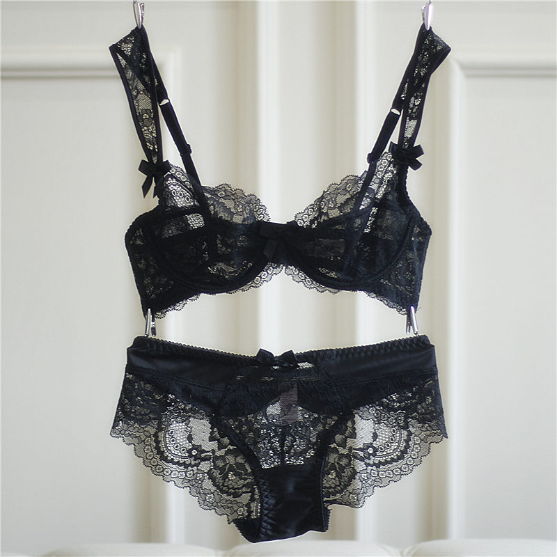 欧美女士文胸超薄透明镂空蕾丝蝴蝶结小胸胸罩少女内衣套装春夏新