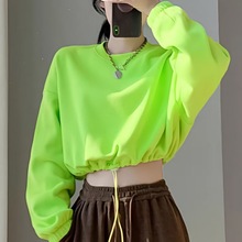 国内小众女装春季新款时尚潮流短款圆领卫衣纯色绿色上衣