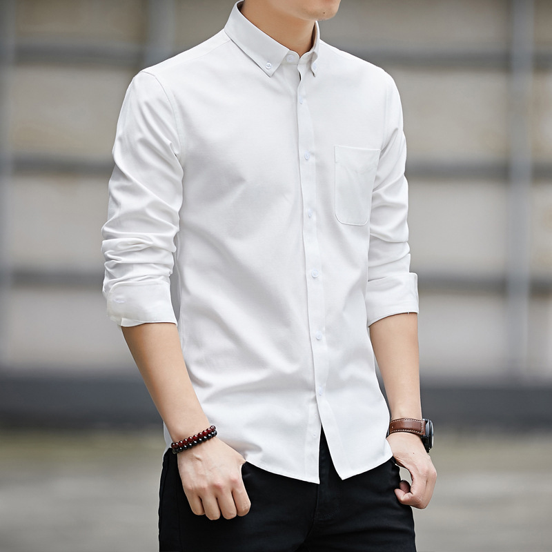   New Men's ong-Sleeved Shirt Men's Oxford Casual Shirt Men's Slim Korean Style Solid Color Shirt