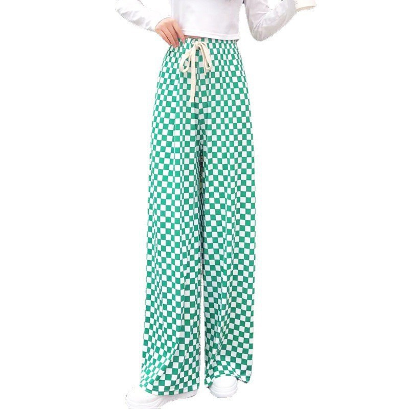 Plaid Cool Pants Summer Ice Silk Thread New Women's Loose Slimming Draping Effect Straight Mop Drawstring Casual Pants