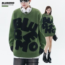 BLUREMO|秋冬新品潮牌情侣款毛巾绣字母撞色钩花小众圆领宽松毛衣