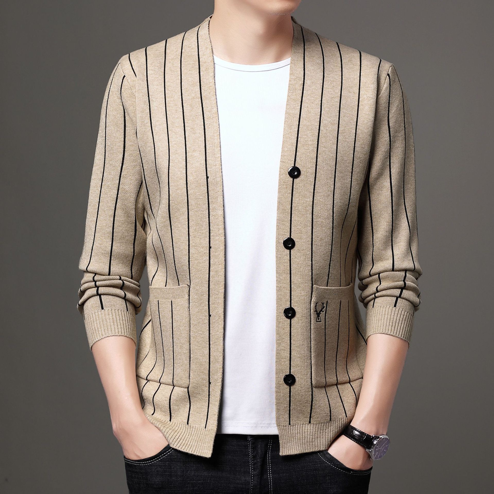 三岛男装2021新款毛衣男针织衫开衫 宽松条纹长袖开衫男外套