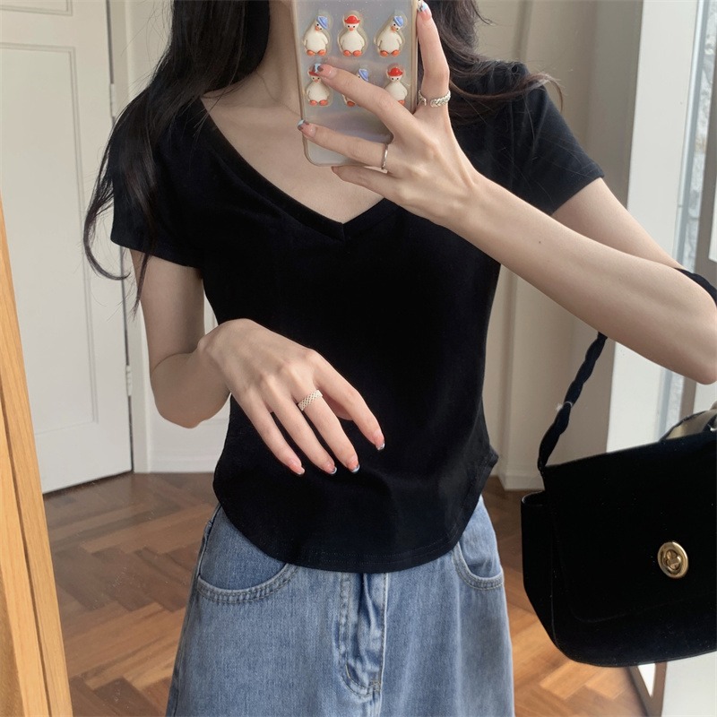 V-neck Pure Desire Style Elastic and Waisted Solid Color Shoulder Women's Summer 2023 New Design Sense Short All-Match Short Sleeve T-shirt