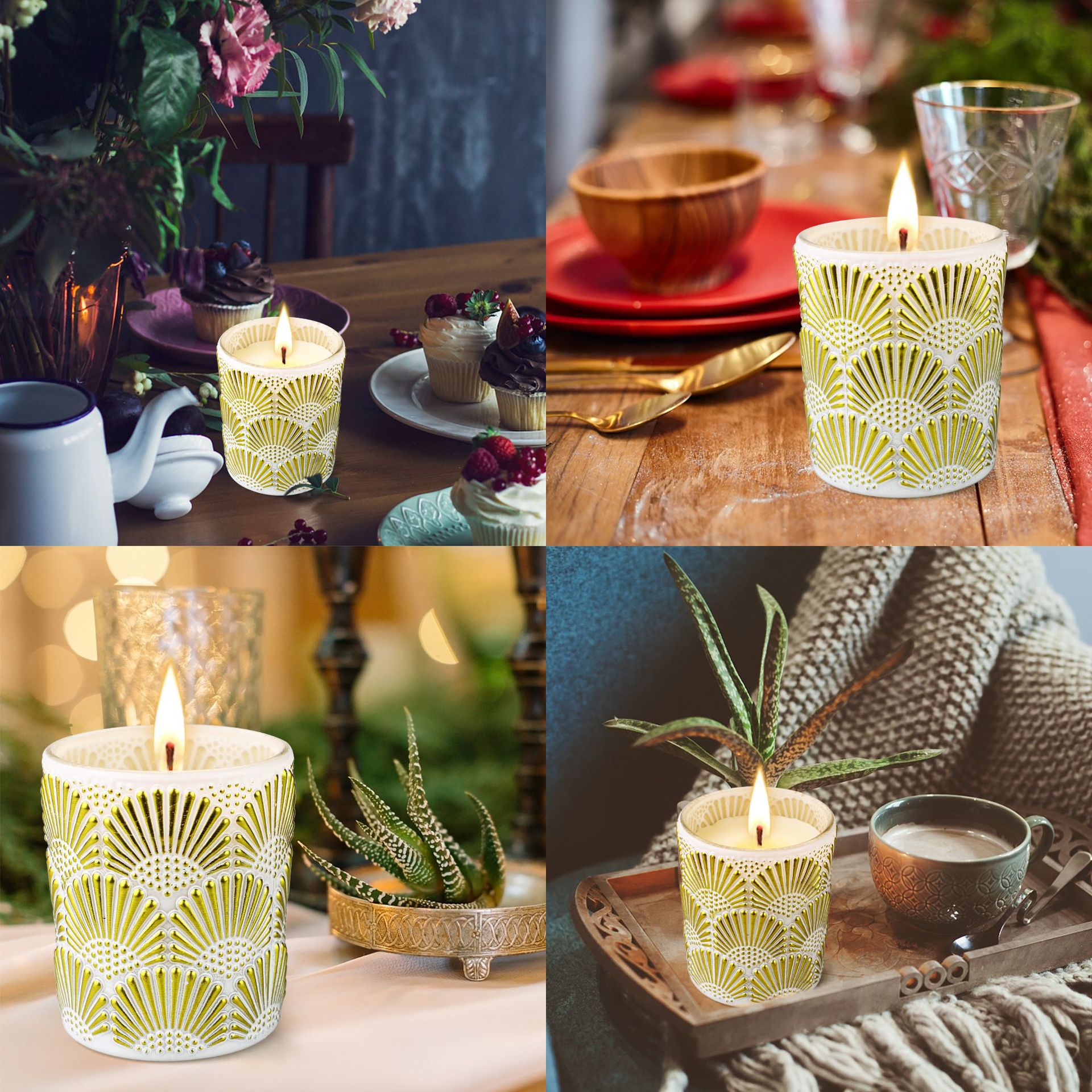 跨境新款扇形浮雕玻璃杯香薰蜡烛六件套装大豆蜡植物精油香氛蜡烛