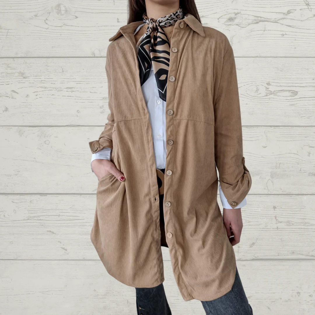 亚马逊2024欧美新款秋冬女装衬衫纯色翻领口袋灯芯绒休闲外套女