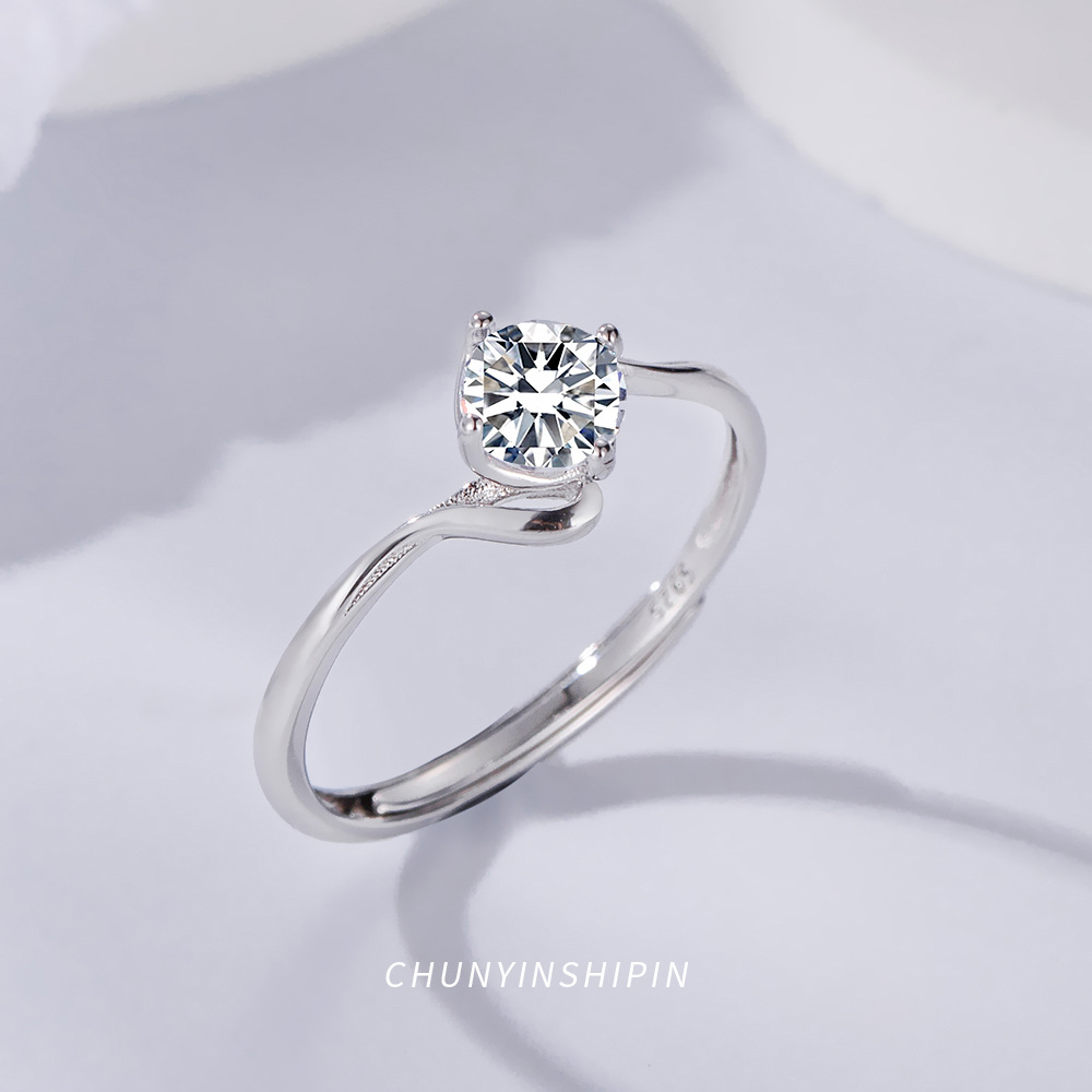 ins风小众简约饰品s925纯银四爪单钻开口指环个性女款求婚钻戒指