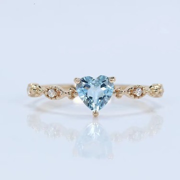 网红直播热卖天然海蓝宝石心形复古戒指 5mm天空蓝镶钻石戒指环女