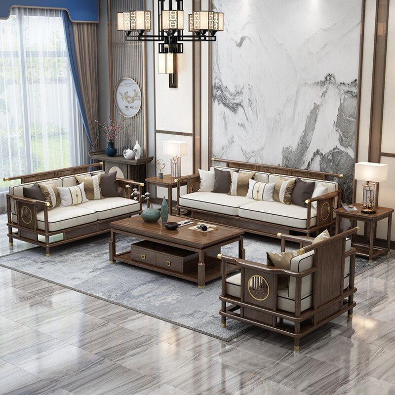 新中式实木沙发乌金木大户型轻奢别墅客厅现代简约布沙发组合家具