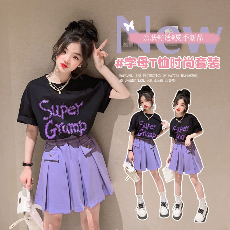 Girls' Short-Sleeved Skirt Fashionable Summer T-shirt Pleated Skirt Preppy Style Suit Medium and Big Children Fashionable Summer Clothing Two-Piece Set