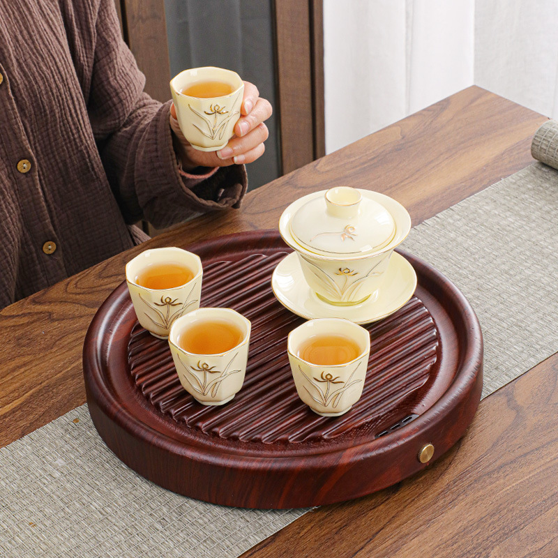 Solid Wood round Tray Tea Tray Simple Kung Fu Tea Set Office Home Porcelain Gaiwan Teapot Mini Set Wholesale