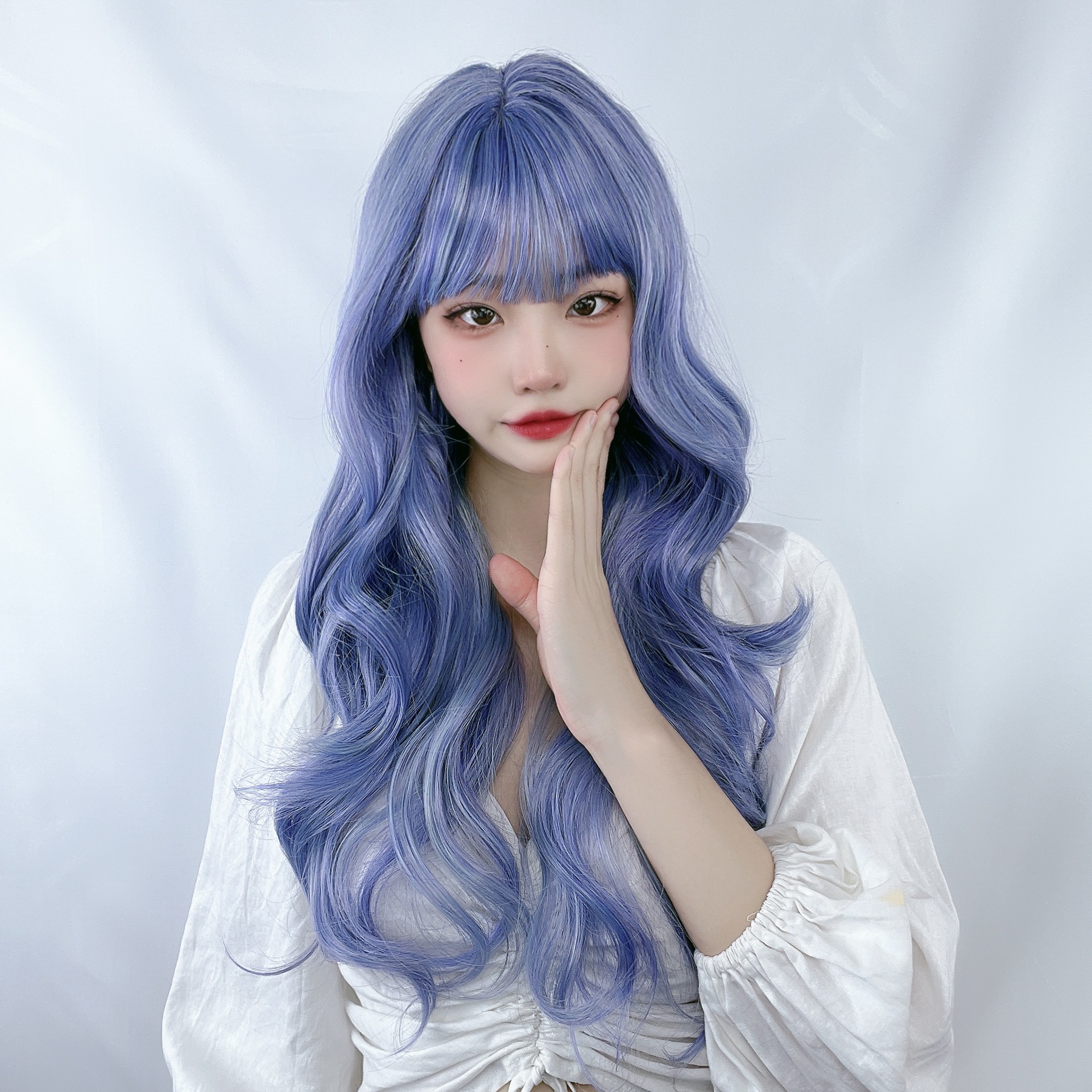速卖通货源假发女雾霾蓝色长卷发大波浪网红气质化纤头套一件代发