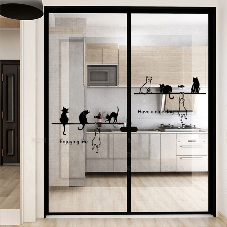 bh0d阳台玻璃门防撞贴纸厨房推拉门贴画ins窗户装饰窗花小猫图案
