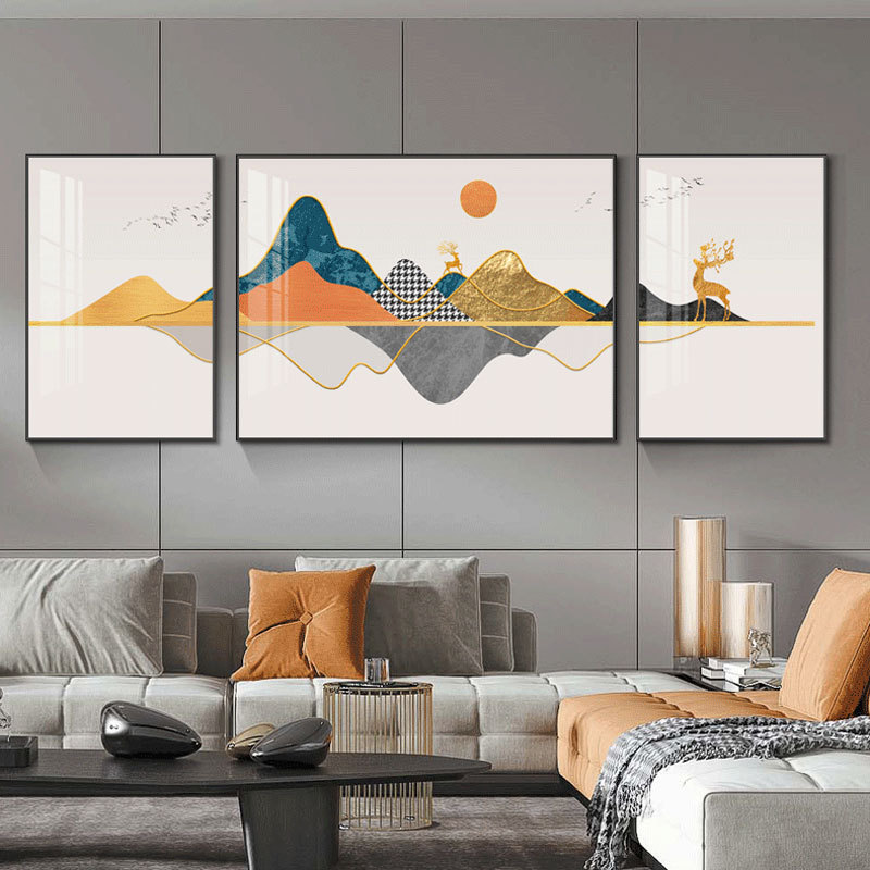 现代简约沙发背景墙装饰画轻奢抽象画山水挂画客厅壁画三联组合画
