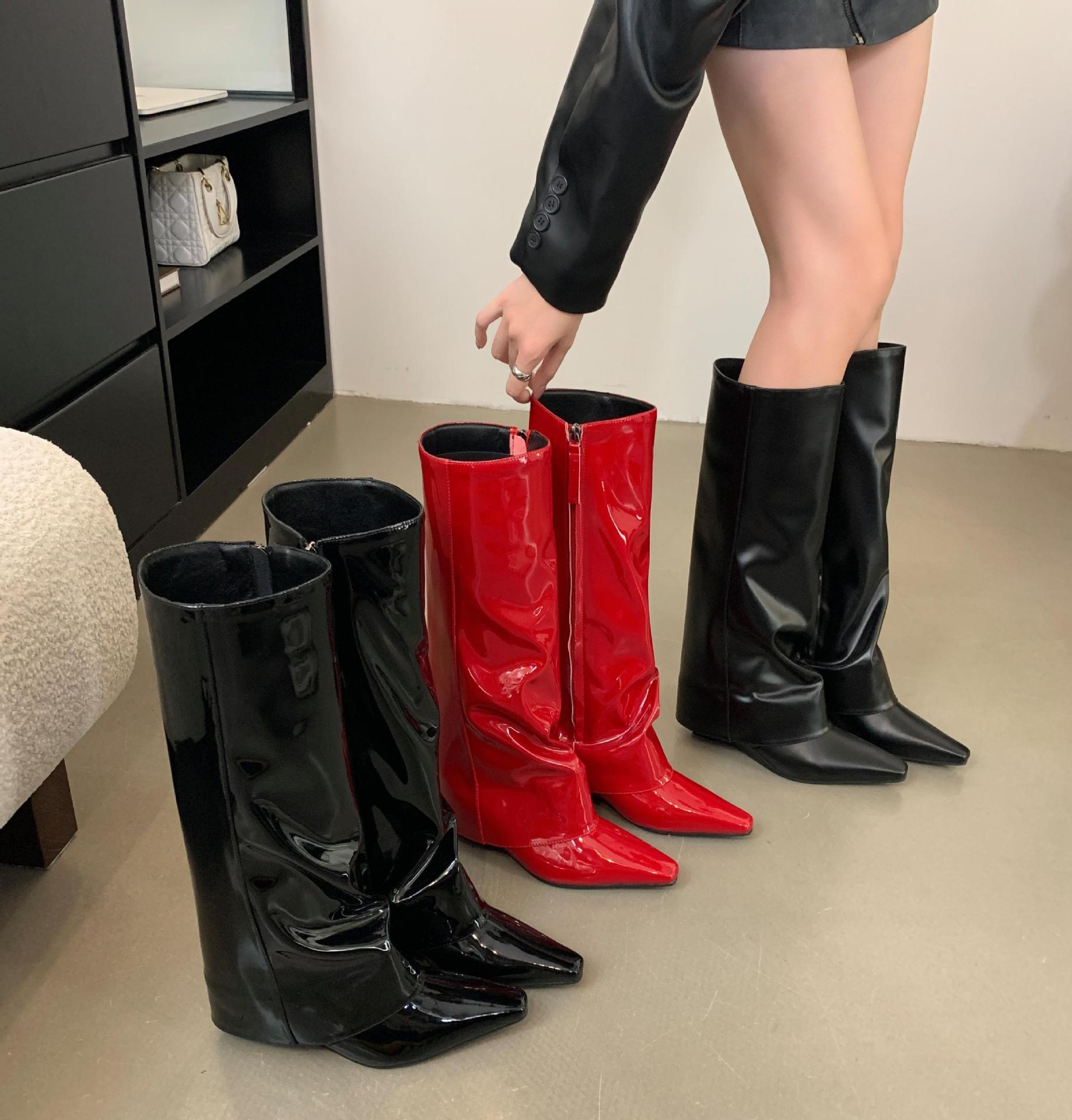 坡跟裤筒高跟长靴女2024秋欧美辣妹尖头红色漆皮裤管靴炸街高筒靴