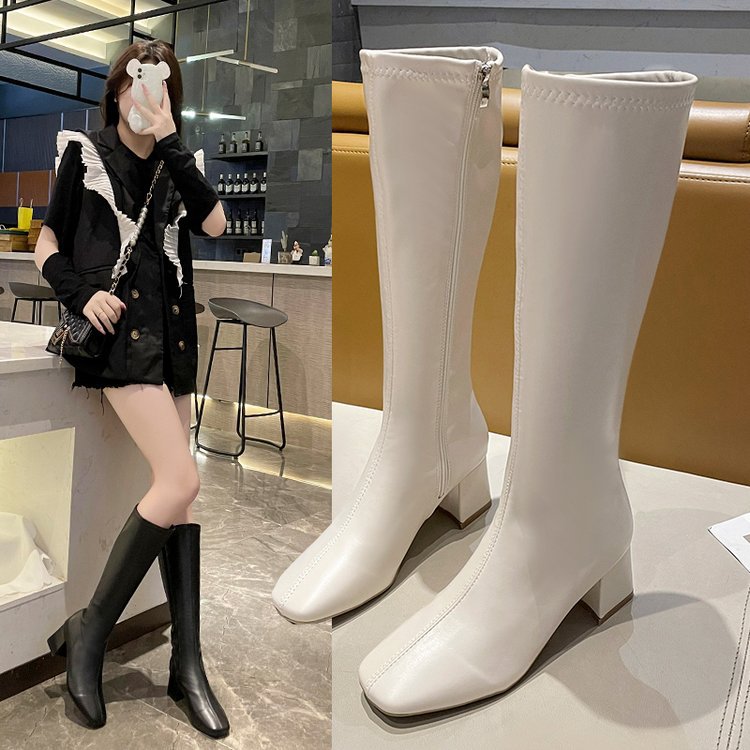 小个子长筒靴女鞋子2022年秋冬季靴子米色粗跟方头高筒瘦瘦靴加绒