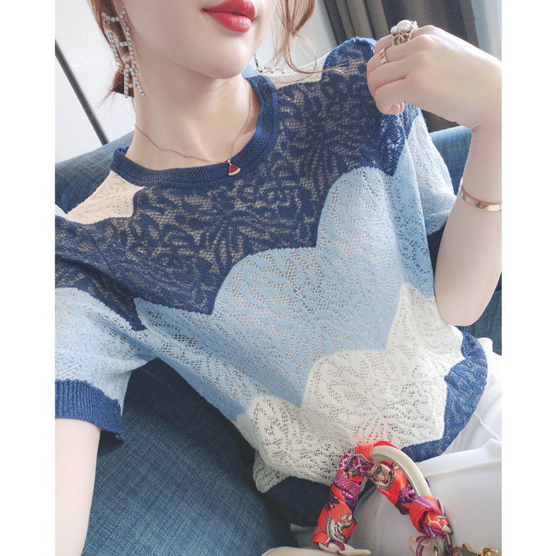 Dyed Pine Mist Blue, Western Style and White 2023 Summer New Short Sleeve Hollow Ice Silk Knitted Sweater T-shirt for Women