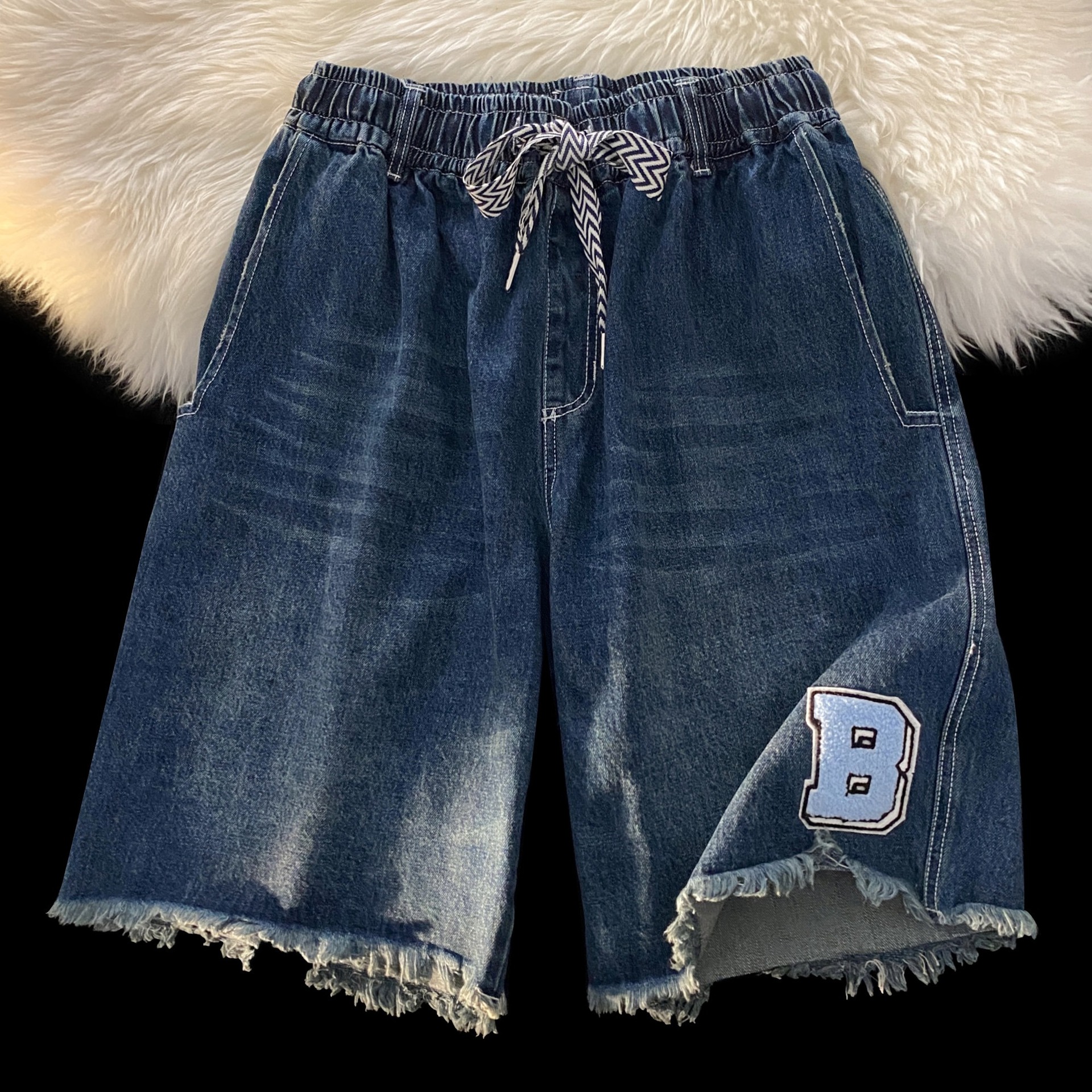 neresum美式潮牌牛仔短裤女2022夏季ins设计感抽绳直筒阔腿五分裤