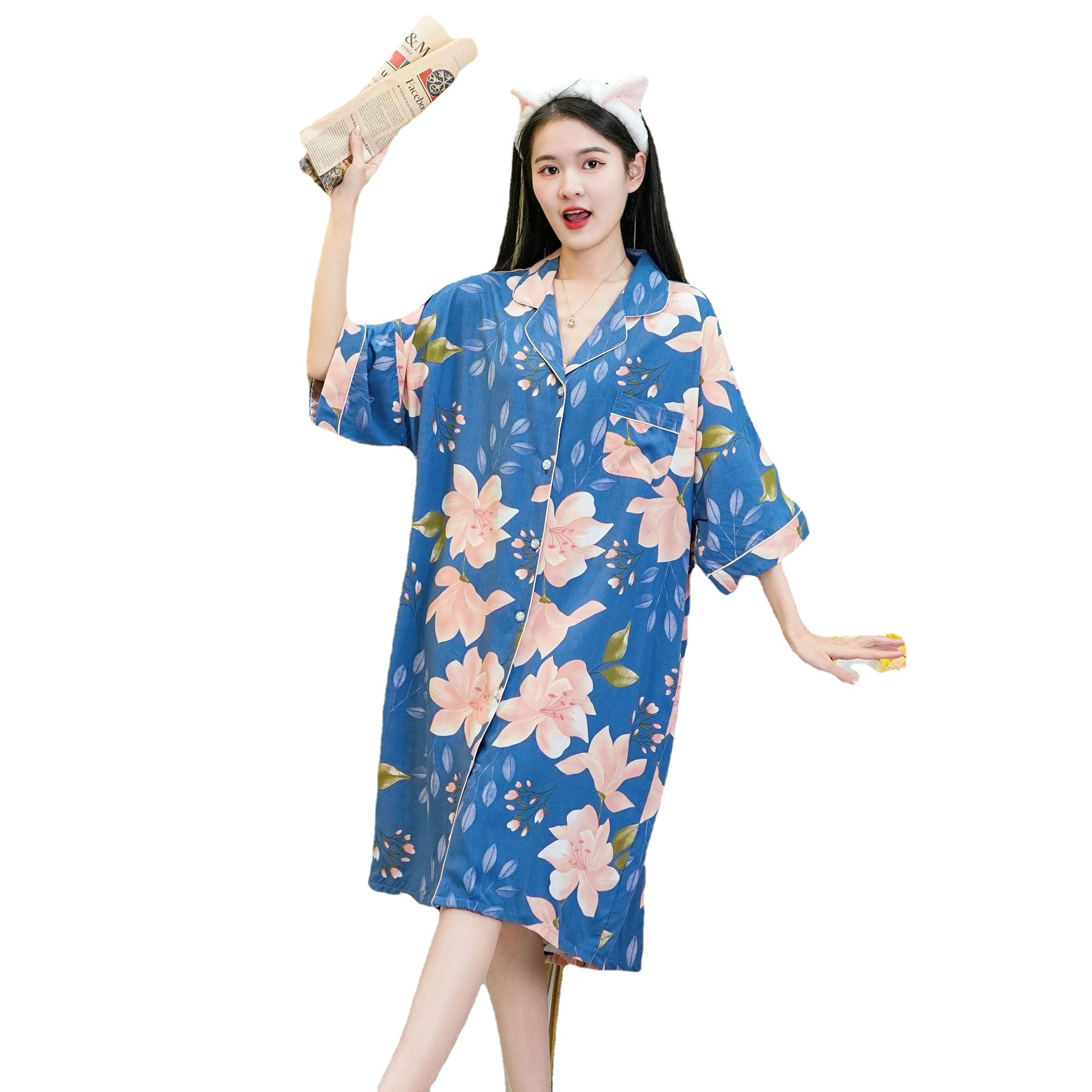 New Poplin Pajamas Women's Spring and Summer Korean Style Large Size Long Pyjamas Cardigan Half Sleeve Lapel Homewear