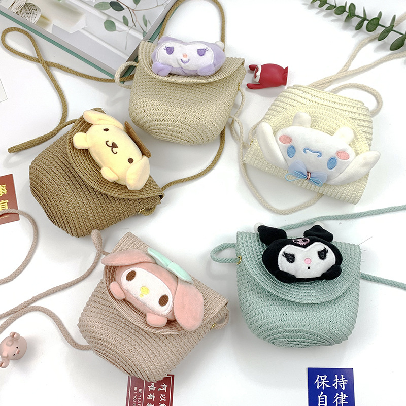 New Children's Straw Woven Bag Cute Cartoon Big Ears Dog Kids Coin Purse Crossbody Small Bag Woven Mobile Phone Bag
