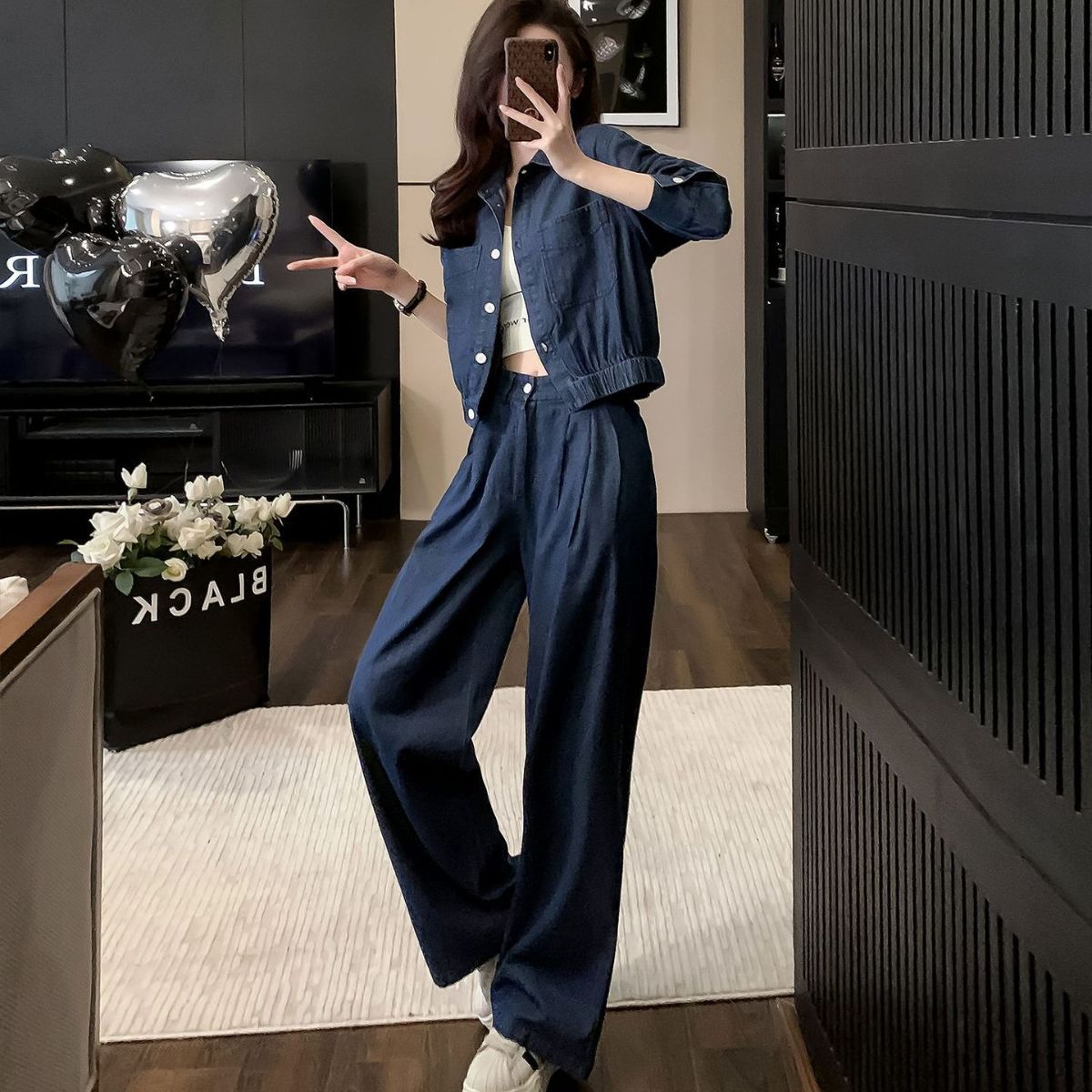 2023秋季新款女装气质潮流别致减龄穿搭短款上衣 阔腿裤两件套潮