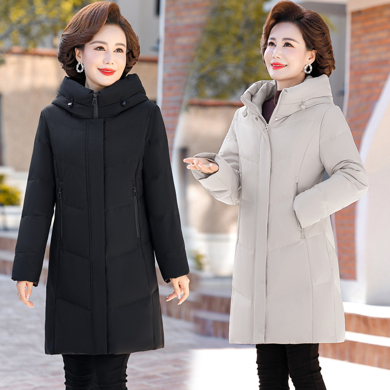 品牌羽绒服女装中长款90白鸭绒2023冬季加厚妈妈装连帽时尚外套