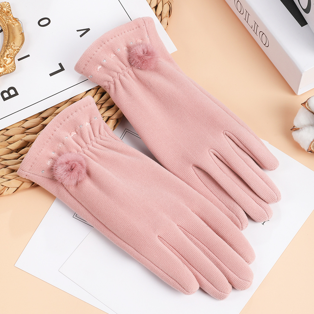 秋冬保暖加绒手套女德绒户外开车韩版可爱貂球运动骑行触屏防风