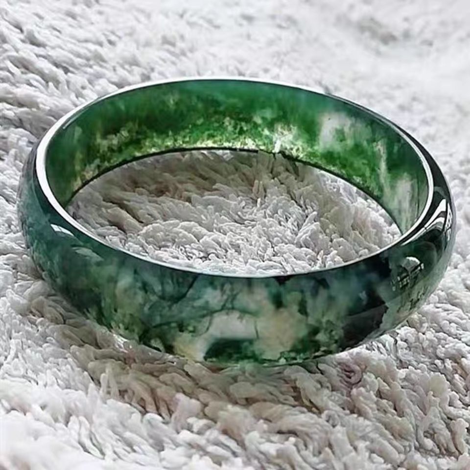 水草玛瑙手镯绿草红油水草玛瑙手镯冰种玉髓冰透原色