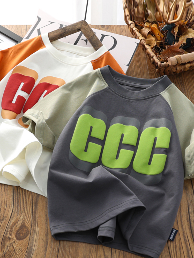 撞色插肩袖儿童短袖t恤洋气韩版宝宝圆领上衣薄款夏季童装男童潮